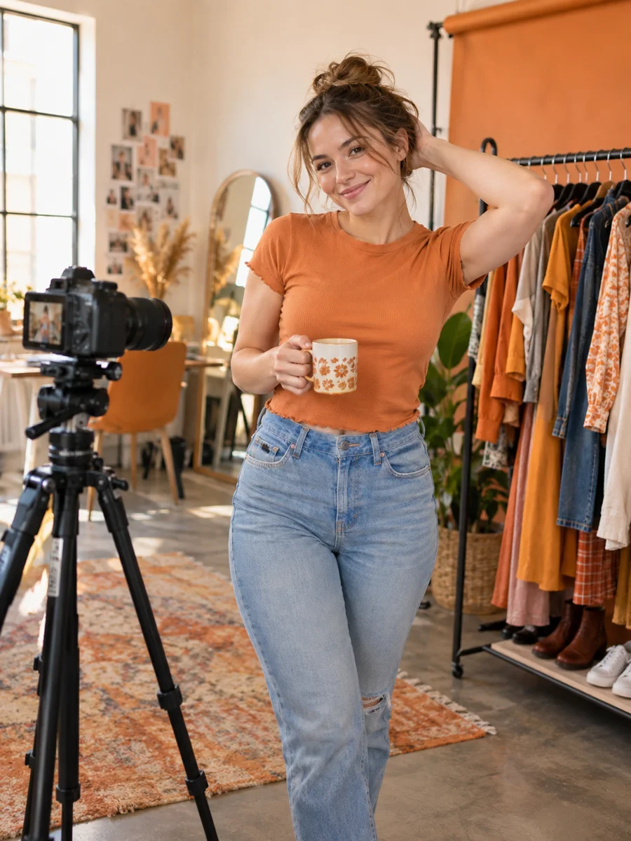 An adult creator between takes in a bright photography studio