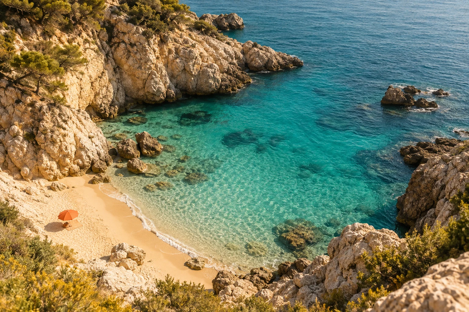 A quiet Mediterranean cove with turquoise water